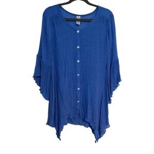 Honeyme Women’s S Blue Button Up Tunic Top Flowy Bell Sleeve Asymmetrical Hem